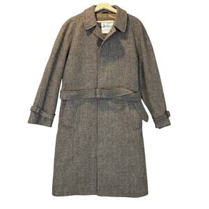Vintage London Fog Wool Tweed Brown Plaid Check Trench Coat Belted 40 40R
